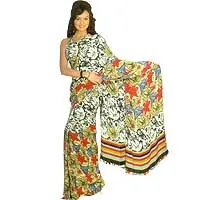Send A very beautiful digital printed saree in soft chiffon material.Pretty Flowery designs run all through the saree.The multi colored parallel lines on the pallu gives the saree a special designer look.