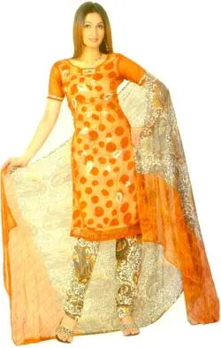 An exclusive dress material with bright color combination of yellow and light orange and the dupatta. Dupatta matches the kameez and bottom to give the suit a beautiful look.