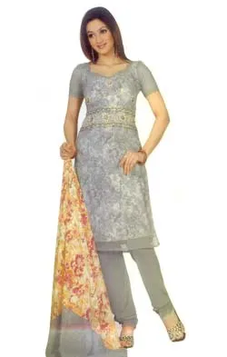 An exclusive dress material with bright color combination of gray and light white. Dupatta matches the kameez and bottom to give the suit a beautiful look