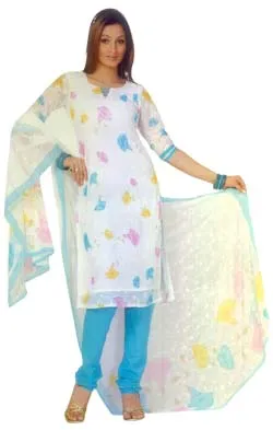 A white-based dress material with fashionably printed blue & pink flowers with matching dupatta and single blue coloured bottom. One can use the 2 different pieces in their own style by using the bottom as the kameez or vice-versa and give the dress a complete designer look.