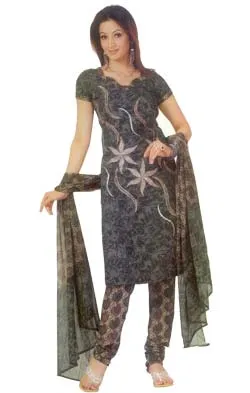A sweet and trendy looking dress material with gray design all over the kameez. The dupatta and the bottom are matchingly done with beautiful floral prints.