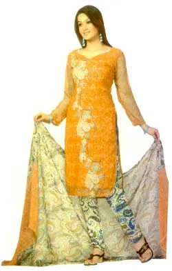 A sweet and trendy looking dress material with light orange design all over the kameez. The dupatta and the bottom are matchingly done with beautiful floral prints