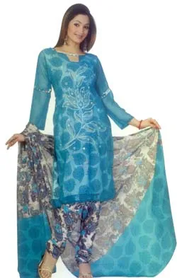 A sweet and trendy looking dress material with light blue design all over the kameez. The dupatta and the bottom are matchingly done with beautiful floral prints