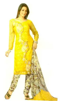 A Sweet and Trendy looking dress material with yellow design all over the kameez. The dupatta and the bottom are matchingly done with beautiful floral prints  