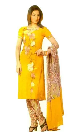 A Beautiful Yellow colored dress material. The Salwar is designed with classic floral works in fabric accentuated with glitters. The dupatta and the bottom are done with matching floral prints. 