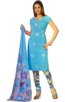 A beautiful light blue coloured dress material. The Salwar is designed with classic floral works in fabric accentuated with glitters. The dupatta and the bottom are done with matching floral prints.