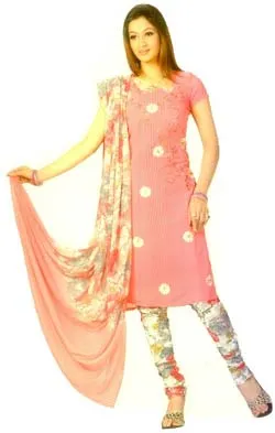 A beautiful light orange coloured dress material. The Salwar is designed with classic floral works in fabric accentuated with glitters. The dupatta and the bottom are done with matching floral prints.