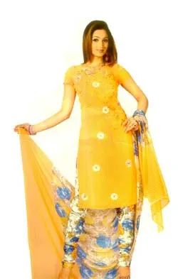 A beautiful yellow coloured dress material. The Salwar is designed with classic floral works in fabric accentuated with glitters. The dupatta and the bottom are done with matching floral prints.