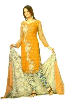 A beautiful light orange coloured dress material. The Salwar is designed with classic floral works in fabric accentuated with glitters. The dupatta and the bottom are done with matching floral prints.