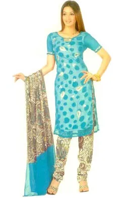 A beautiful light blue coloured dress material. The Salwar is designed with classic floral works in fabric accentuated with glitters. The dupatta and the bottom are done with matching floral prints.
