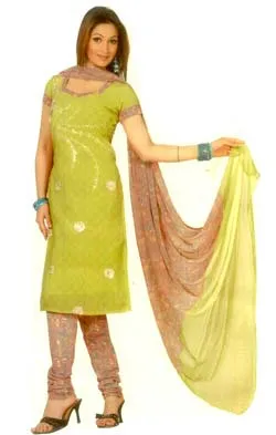 A beautiful light green coloured dress material. The Salwar is designed with classic floral works in fabric accentuated with glitters. The dupatta and the bottom are done with matching floral prints.