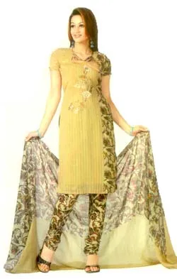 A beautiful deep yellow coloured dress material. The Salwar is designed with classic floral works in fabric accentuated with glitters. The dupatta and the bottom are done with matching floral prints.