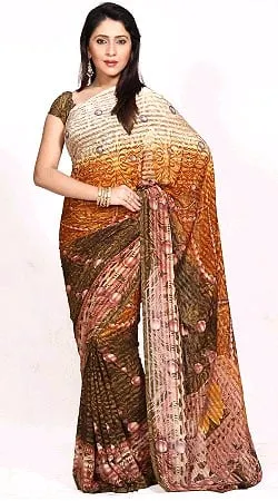 Outstanding Brown Color Printed Chiffon Saree