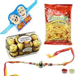 Divine Single Rakhi , Khatta Mitha Namkeen , Ferrero Rochers with Chhota Bheem Rakhi