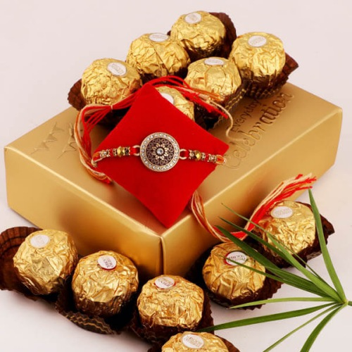 Beautiful Rakhi, Free Roli Tilak n Message Card with Ferrero Rocher