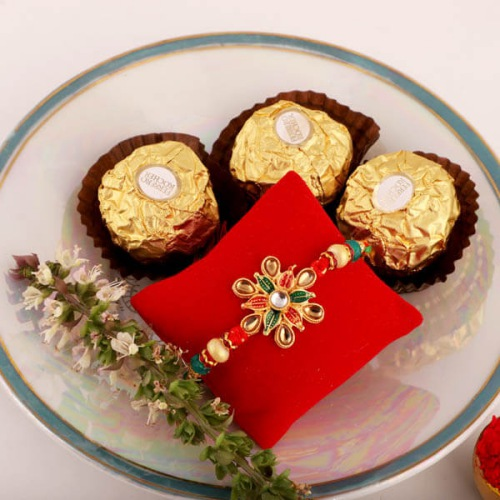 Admirable Gift of Rakhi n Ferrero Chocolates with Free Roli Chawal and Rakhi Card