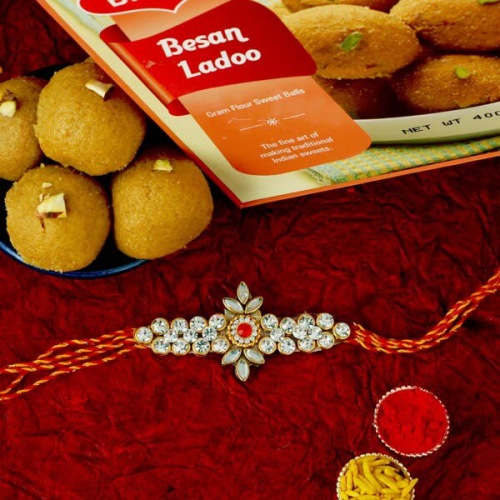 Beautiful Rakhi, Besan Laddoo, Complementary Roli Tika and Card