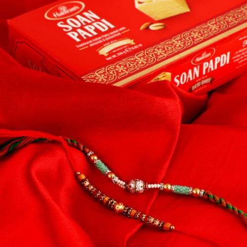 2 Pretty Rakhis with Soan Papdi, Free Roli Chawal and Message Card