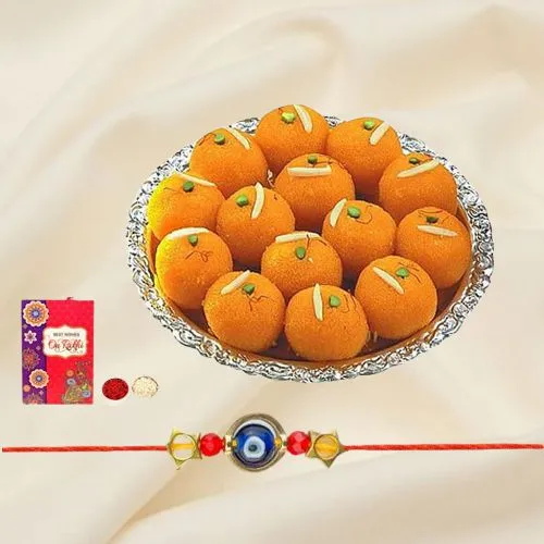 Blue Evil Eye Rakhi with Festive Motichoor