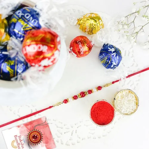 Red Beads Rakhi & Chocolate Surprises