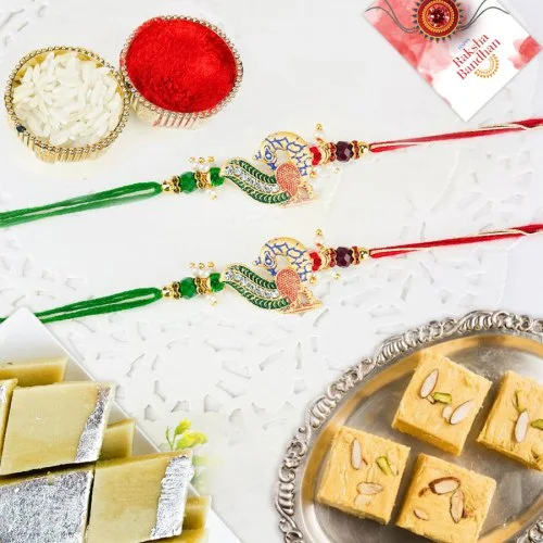 Festive Peacock Zardosi Rakhi Combo Pack