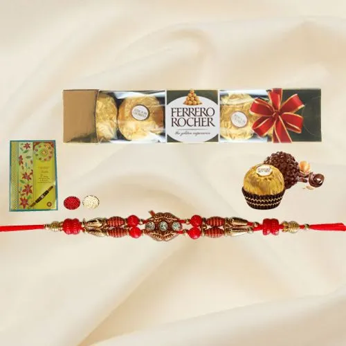 A 4 pcs Ferrero Rocher Chocolate Pack with Rakhi and Roli Tilak Chawal