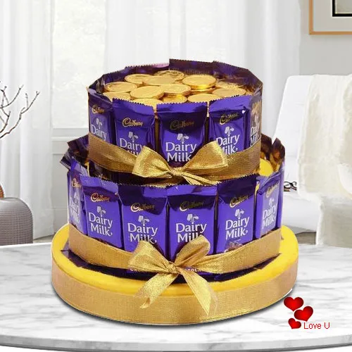 Irresistible Tower Arrangement of Cadbury Dairy Milk with Gold Coin Chocolates