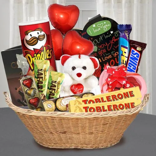 Exquisite Chocolate Gift Basket with Teddy N Balloons