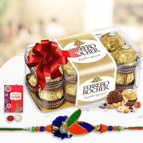 16 pcs Ferrero Rocher Chocolate Pack with Rakhi and Roli Tilak Chawal