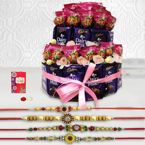 Wholesome Explosion of Taste Chocolate Arrangement with Free 4 Rakhis and Roli Tilak Chawal