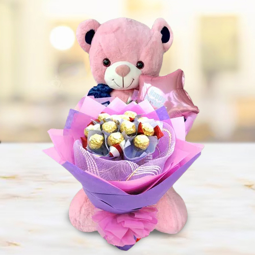 Wonderful Teddy with Ferrero Rocher Bouquet N Mylar Balloons