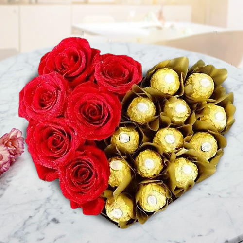 Marvelous Heart Shaped Arrangement of Ferrero Rocher with Roses