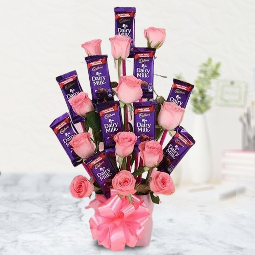 Buy Pink Roses with Cadbury Dairy Milk Chocolates Arrangement