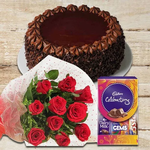 Order Chocolate Cake with Red Roses N Celebrations Pack