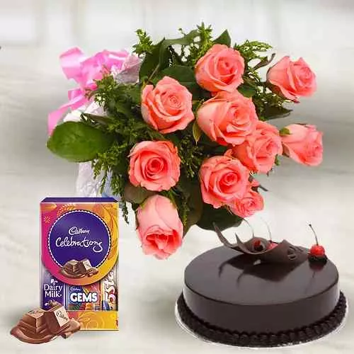 Pink Roses with Chocolate Cake N Cadbury Celebrations Pack