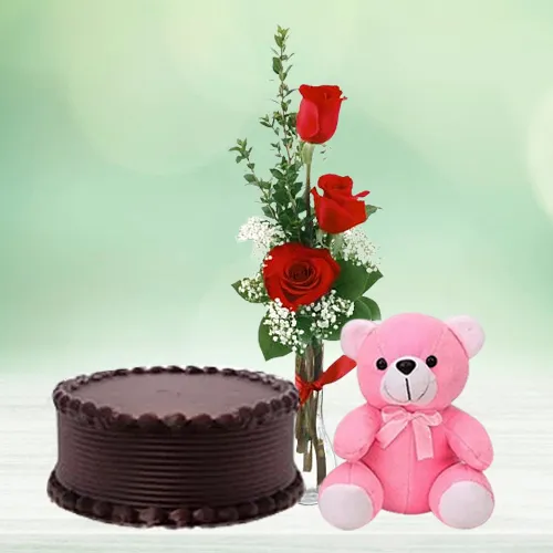 Gift Chocolate Cake with Red Roses N Teddy Online