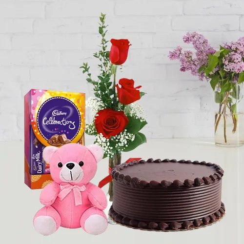 Book Online Chocolate Cake with Red Roses, Teddy N Cadbury Pack