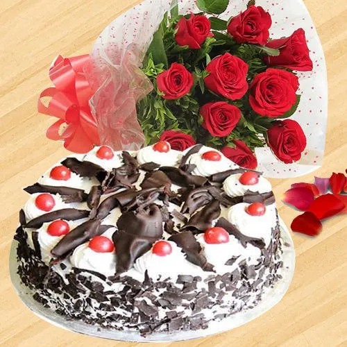 Shop for Red Roses Bunch with Black Forest Cake 