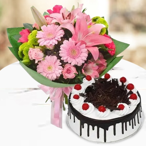 Black Forest Cake with Mixed Flowers Bouquet