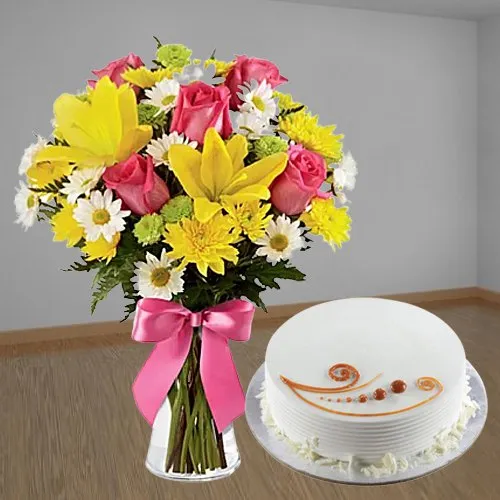 Gift Mixed Flowers Bunch with Vanilla Cake