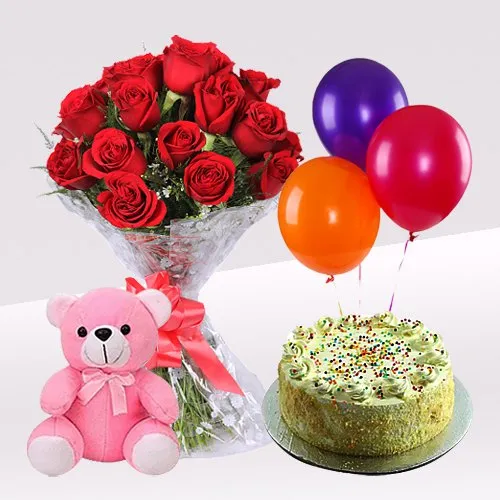 Red Roses Bunch with Vanilla Cake Balloons   Teddy
