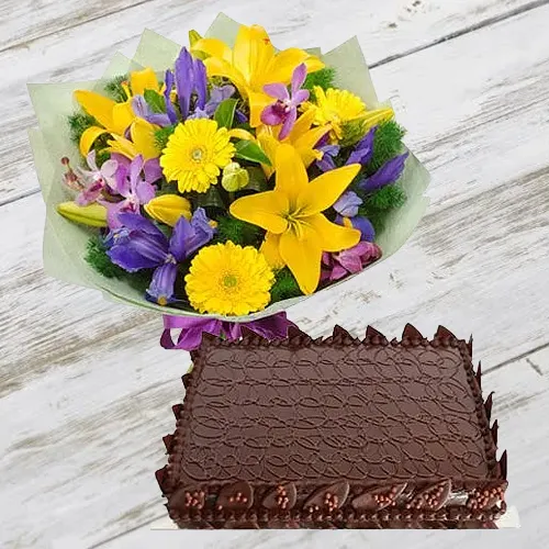 Order Chocolate Cake with Mixed Flowers Bunch