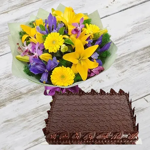 Order Chocolate Cake with Mixed Flowers Bunch 