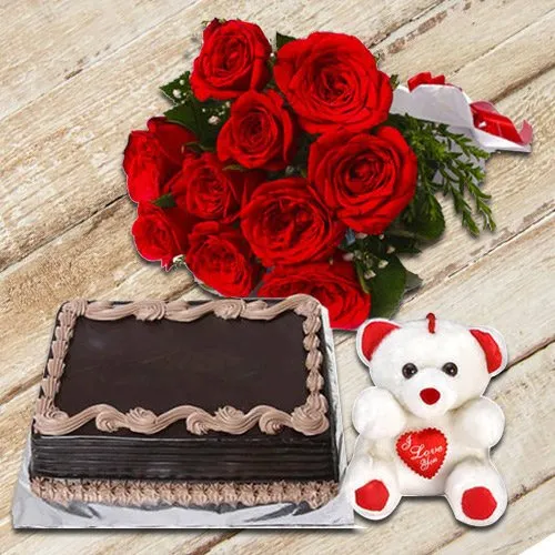 Deliver Red Roses Bunch with Chocolate Cake N Teddy 