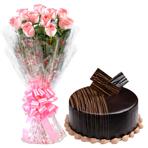 Shop Exquisite Chocolate Truffle Cake with Pink Roses Bouquet for Mom 