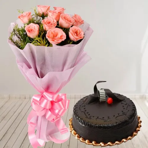 Order Roses Bunch with Chocolate Truffle Cake 