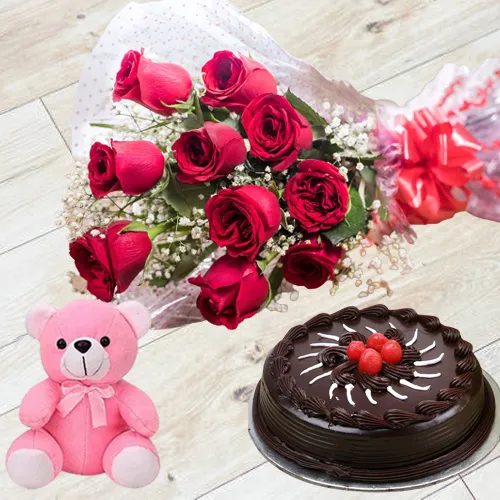 Order Roses Bunch with Truffle Cake N Teddy 