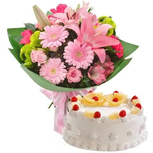 Send Pineapple Cake N Mixed Flowers Bunch