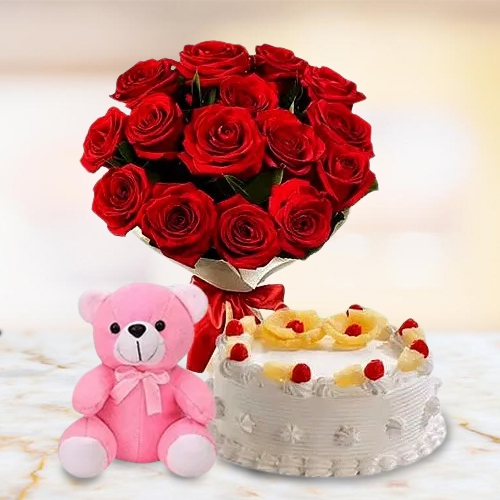 Deliver Pineapple Cake with Teddy N Roses Bunch 