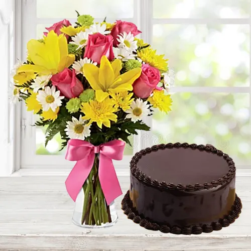 Eggless Chocolate Cake with Mixed Flower Bouquet